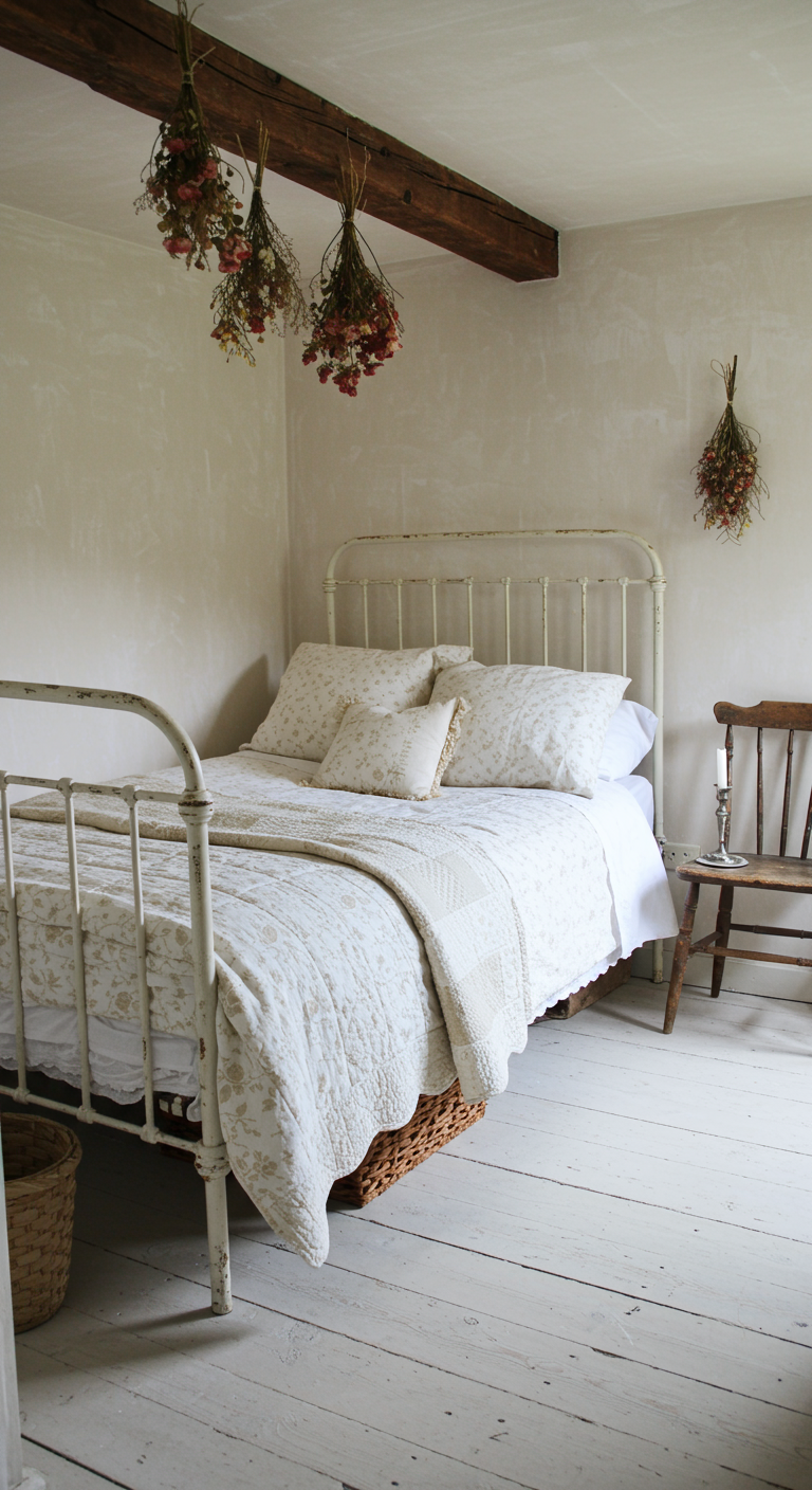 Witte slaapkamer met hangende droogbloemen boven brocante bed.