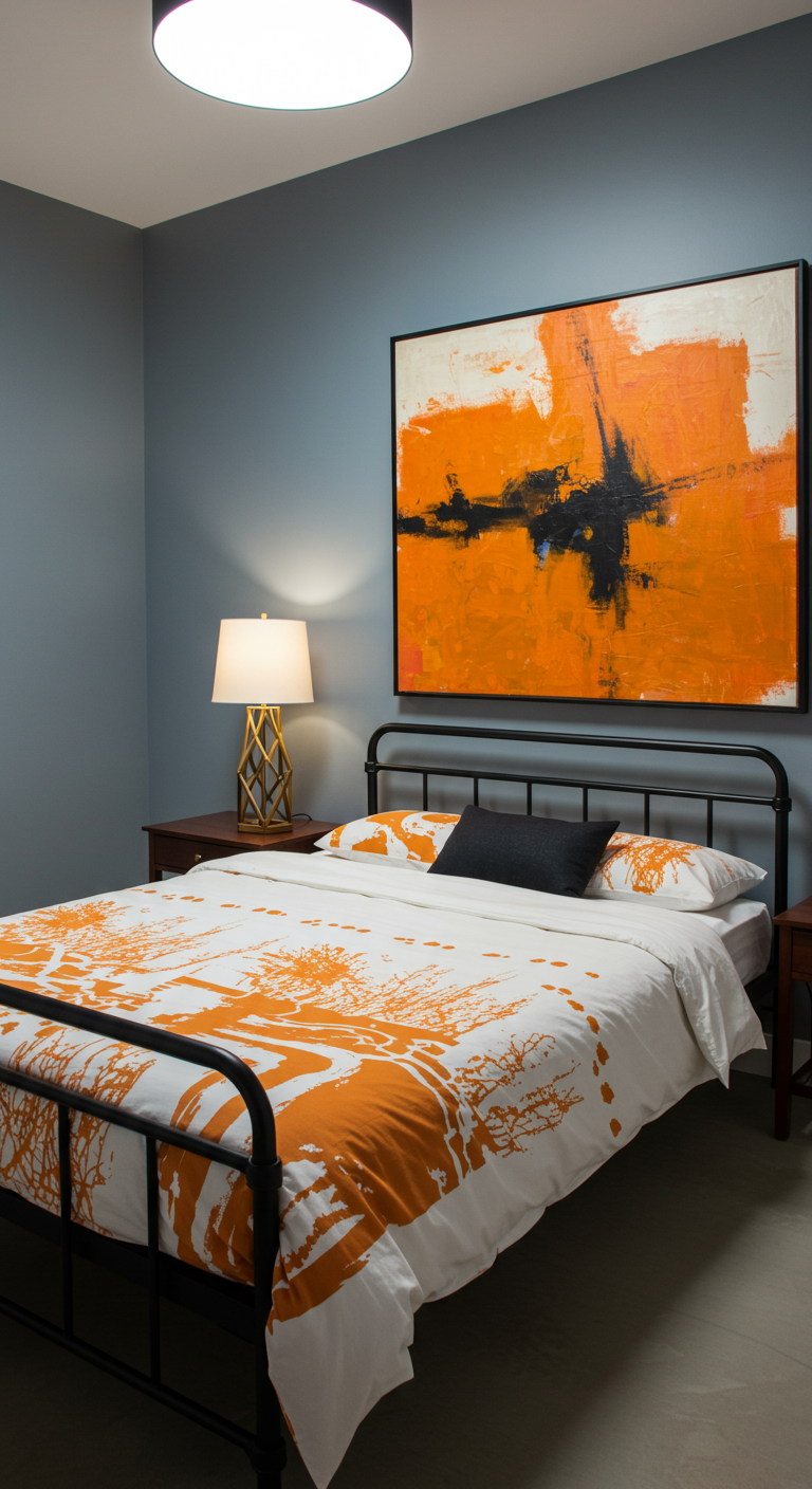 Moderne slaapkamer met grijsblauwe muur, abstract oranje-wit beddengoed en groot oranje schilderij.