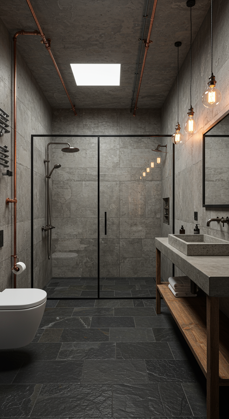 Industriële badkamer met betonlook tegels, zichtbare koperen leidingen en een zwart metalen douchewand.