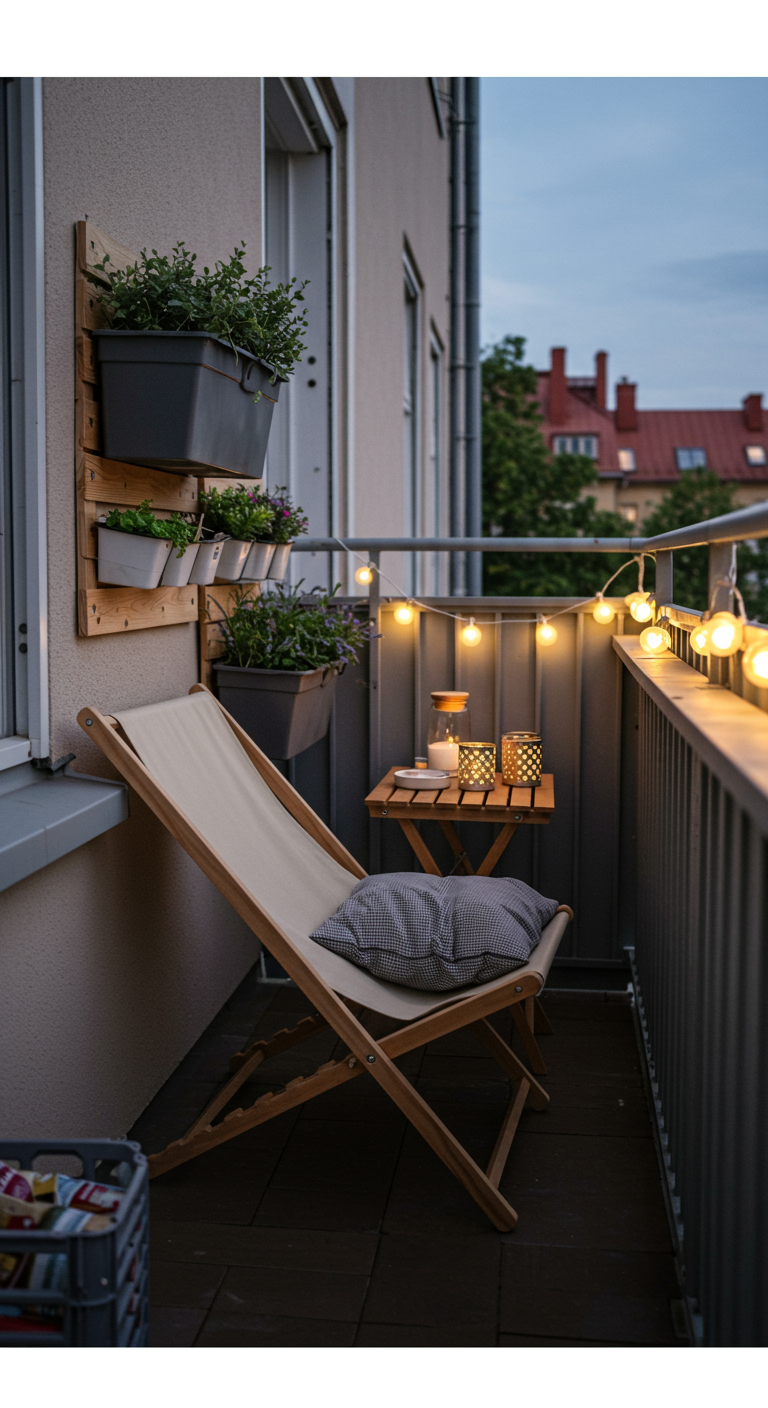 Klapstoel op een klein balkon met verticale plantenwand, klaptafeltje en lichtslinger.