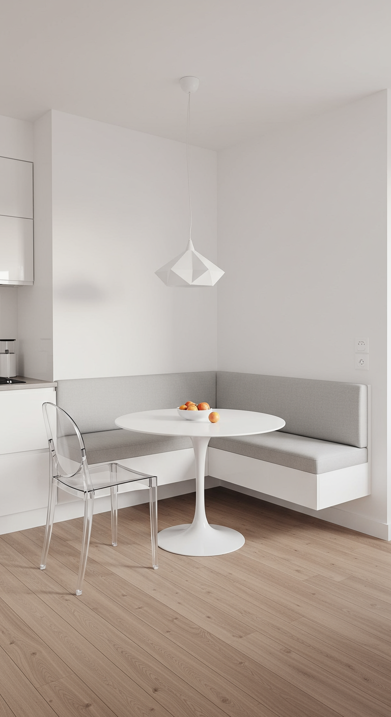 Minimalistische witte eethoek met witte zwevende bank, ronde tafel en transparante design stoel.