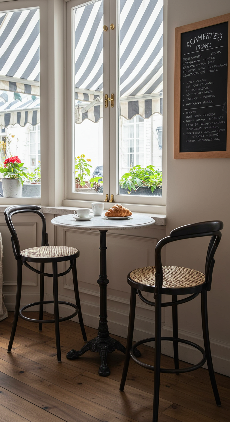 Bistro-stijl hoekje bij het raam met twee zwarte houten barkrukken met rotan zitting en marmeren tafel.