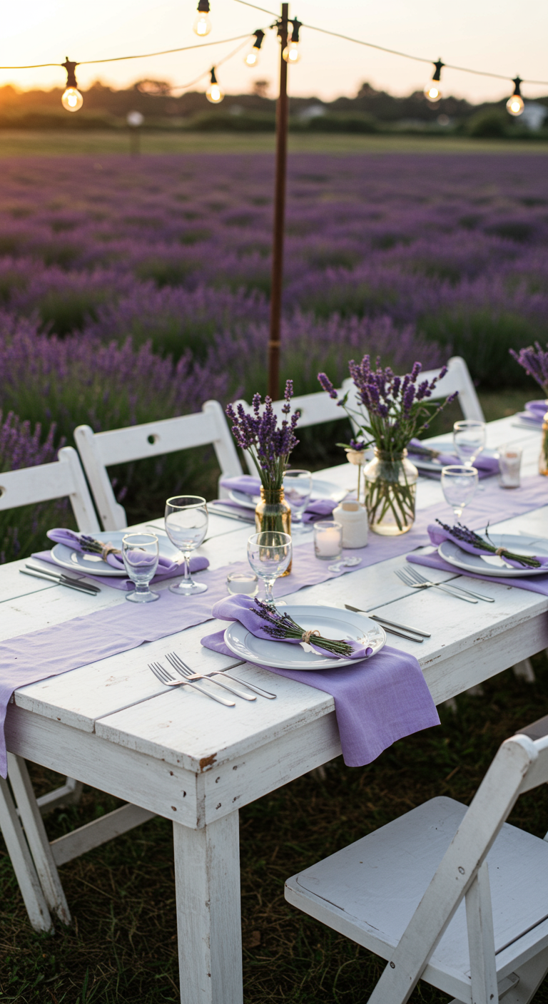 Tafel gedekt in een lavendelveld met paarse servetten en lavendeldecoratie.