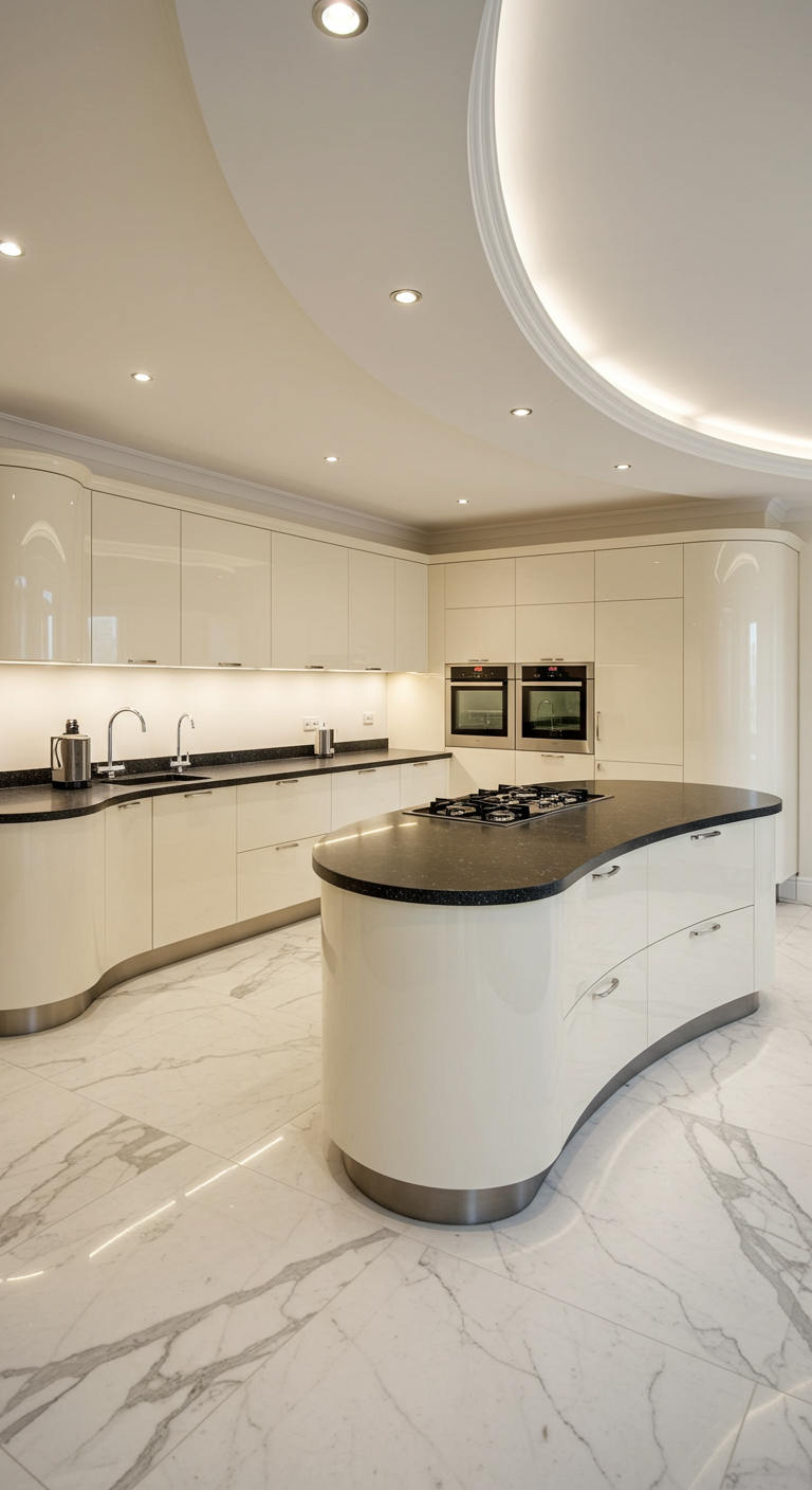 Moderne crèmekleurige keuken met een gebogen kookeiland en ronde plafonddetails.