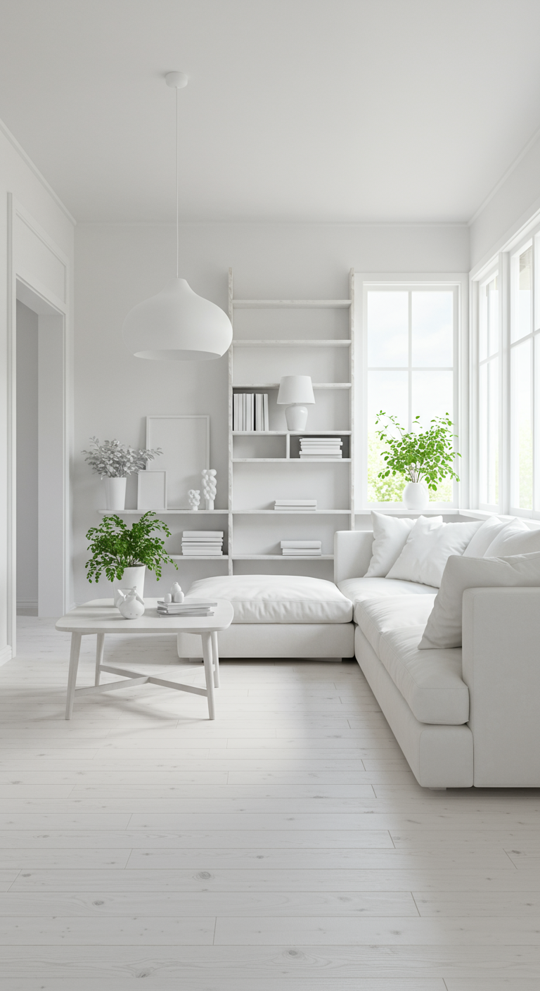 Minimalistische witte woonkamer met sculpturale meubels en groene planten.