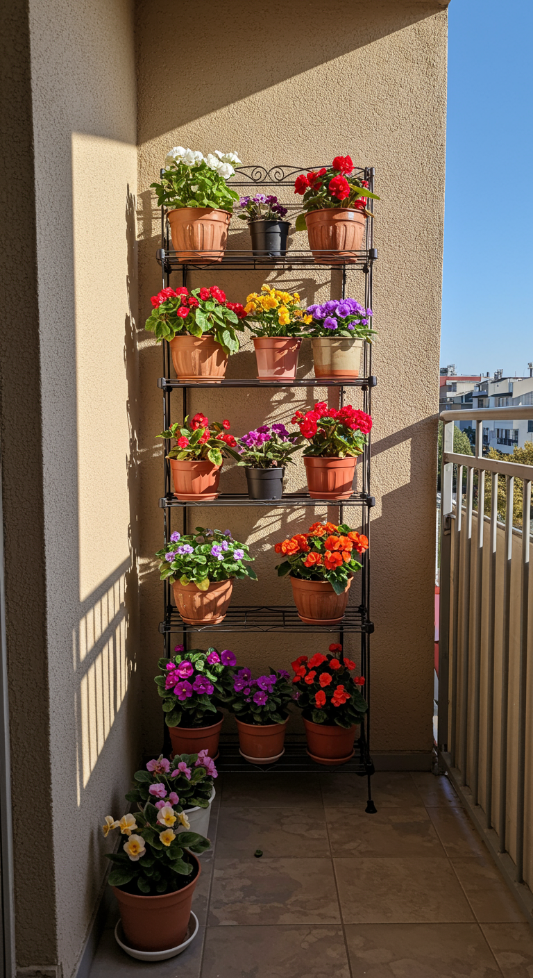 Smal, hoog zwart metalen etagère rek vol met potten met kleurrijke bloeiende begonia's.