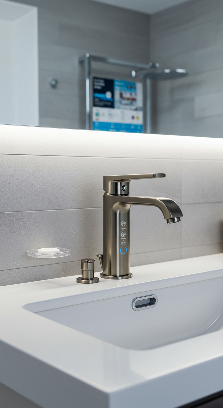 Moderne wastafelkraan met digitale touch-bediening in geborsteld metaal.