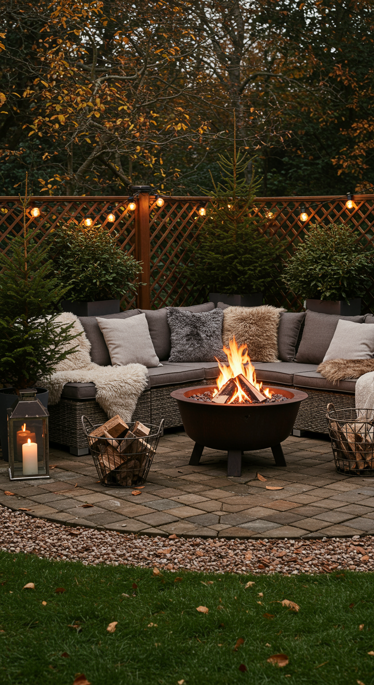 Vuurkorf met loungeset, schapenvachtjes, plaids en kerstboompjes in de winter.