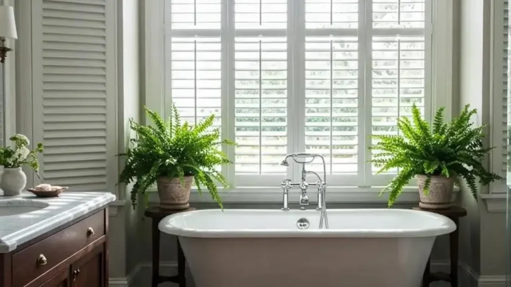 Badkamer met bad, planten en reflecterend licht door jaloezieën. Spel van licht en spiegeling.