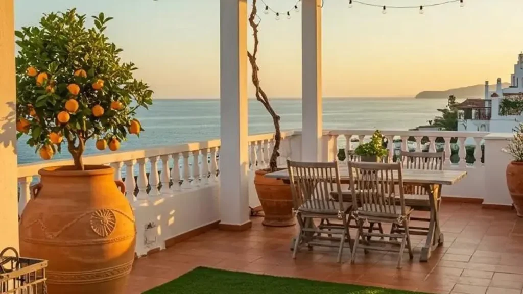 Idyllische daktuin met pergola-elementen, zeezicht en kunstgras, perfect voor een ontspannen paradijs.