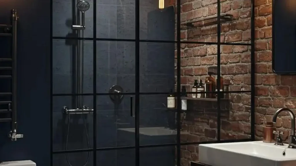 Glazen douchewand in een moderne badkamer met bakstenen muur en strakke lijnen. Doucheruimte ontwerp.