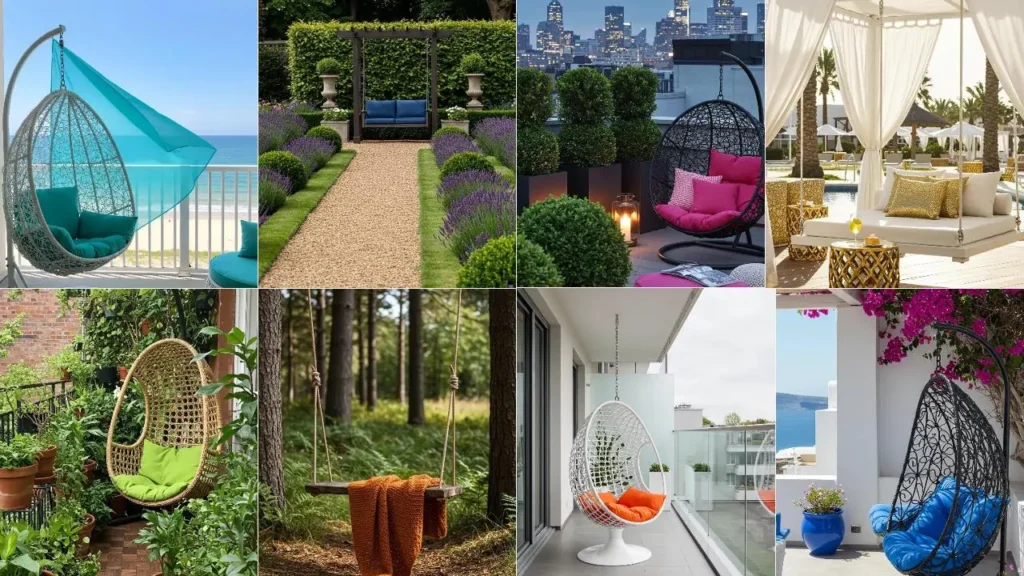 Collage van hangplekken met uitgesproken kleuraccenten, zoals een turkooizen hangstoel aan zee.