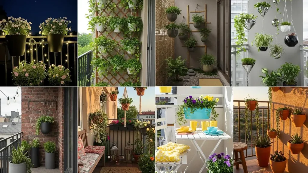 Sfeervolle balkons met hangpotten vol bloeiende balkonplanten.