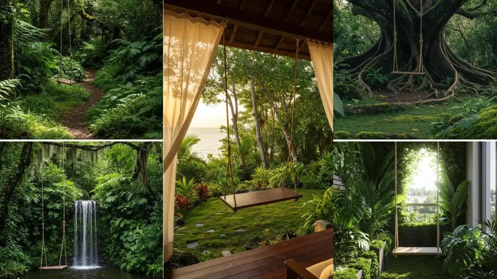 Collage van jungle-hideaways met touwschommels, weelderig mos en tropische bladeren.