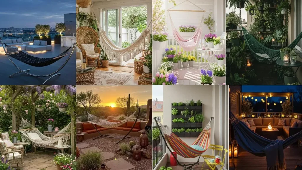 Diverse loungehoeken met hangmatten, van een stads terras tot een bloemrijke tuin. Perfect voor ontspanning!