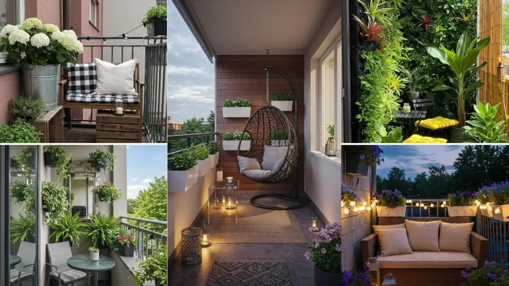 Mini-balkons omgetoverd tot zomerse oases met planten, meubels en sfeerverlichting.
