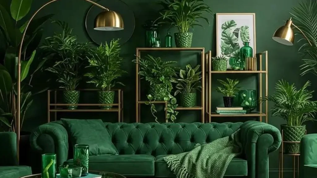 Planten staan in de spotlight in een groene woonkamer met rekken, sofa en gouden lampen.