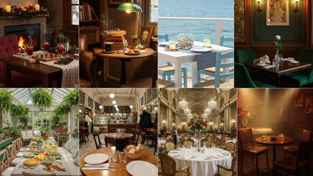 Collage van sfeervolle tafeldecoraties, geinspireerd door Franse cafés.
