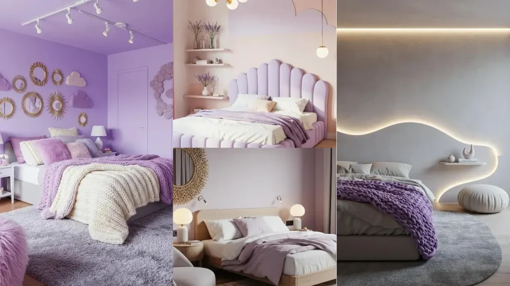 Collectie zachte slaapkamers in pastelpaarse tinten met wolkenachtige vormen en comfortabel beddengoed.