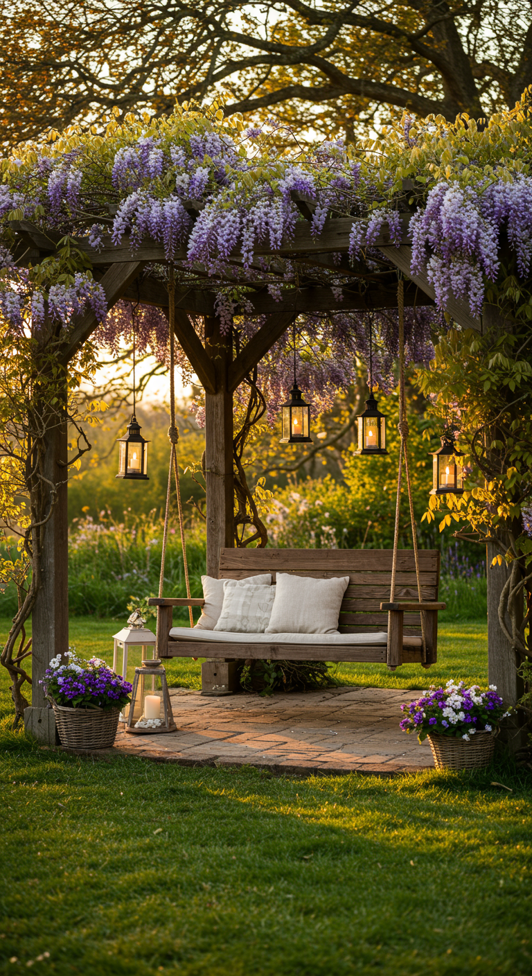 Houten schommelbank onder pergola met blauweregen en lantaarns.