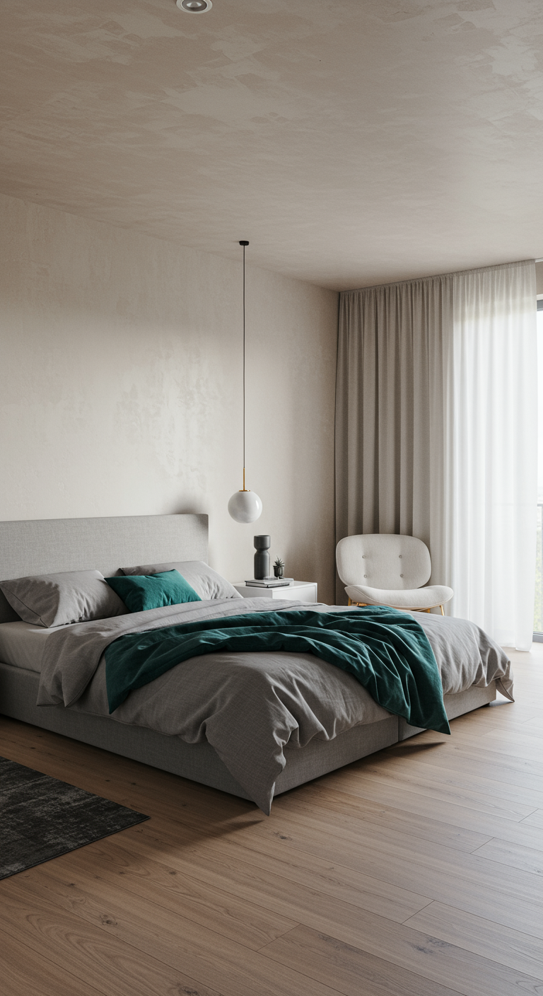 Moderne slaapkamer met greige muren, grijs beddengoed en een petrolblauwe sprei als accent.