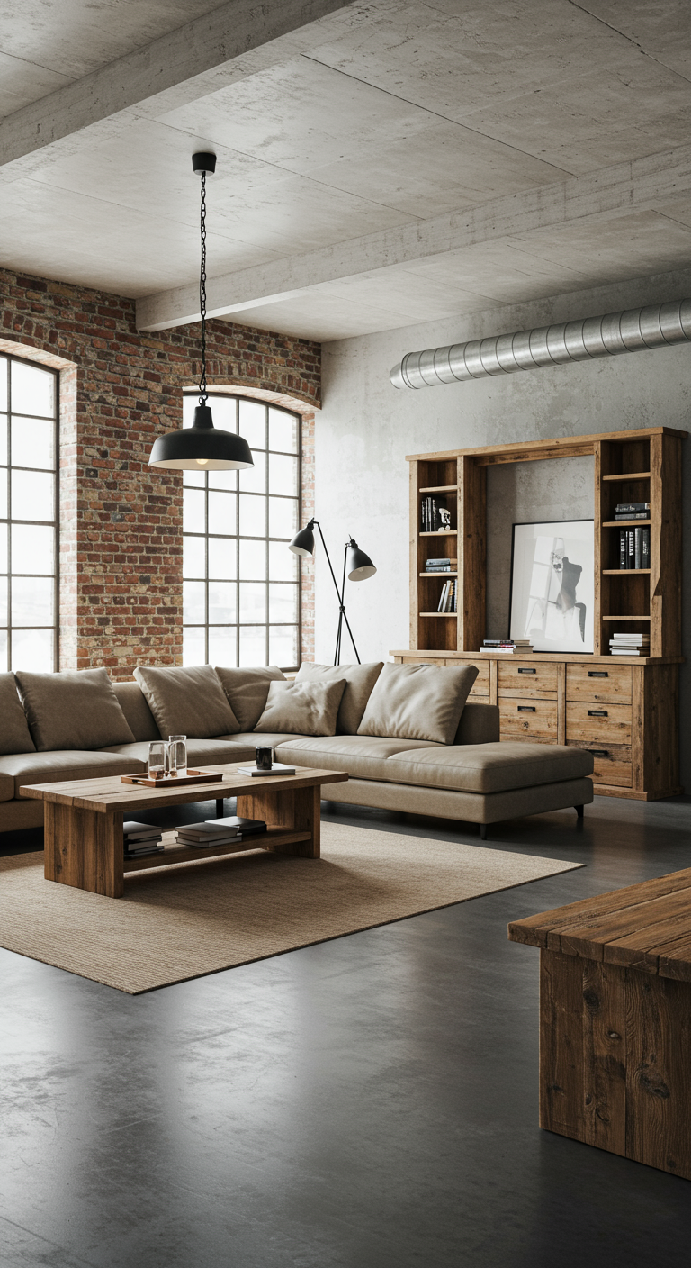 Industriële woonkamer met bakstenen muur, houten kast en leren hoekbank.