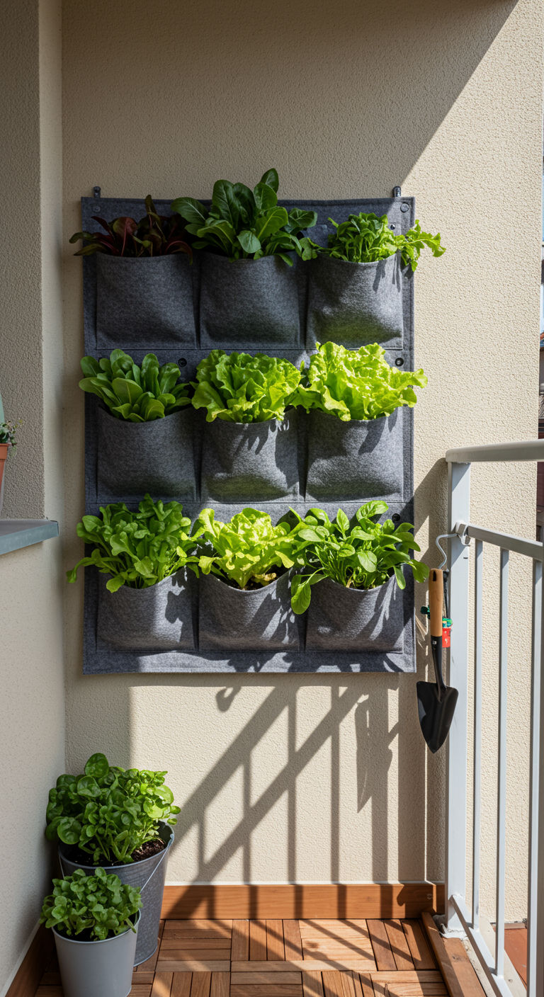 Grijze vilten hangende plantzakken met meerdere vakken, gevuld met diverse soorten sla.