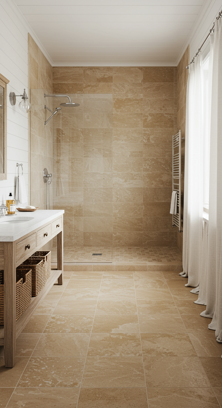 Landelijke badkamer met zandkleurige natuursteen, witte houten lambrisering en houten meubel.