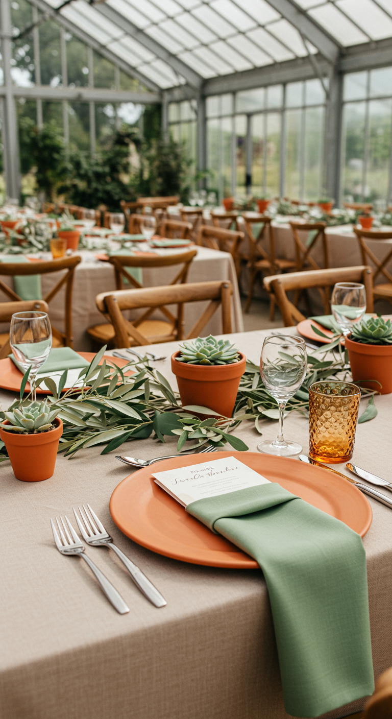 Tafelsetting met terracotta borden, saliegroene servetten en vetplantjes in een serre.