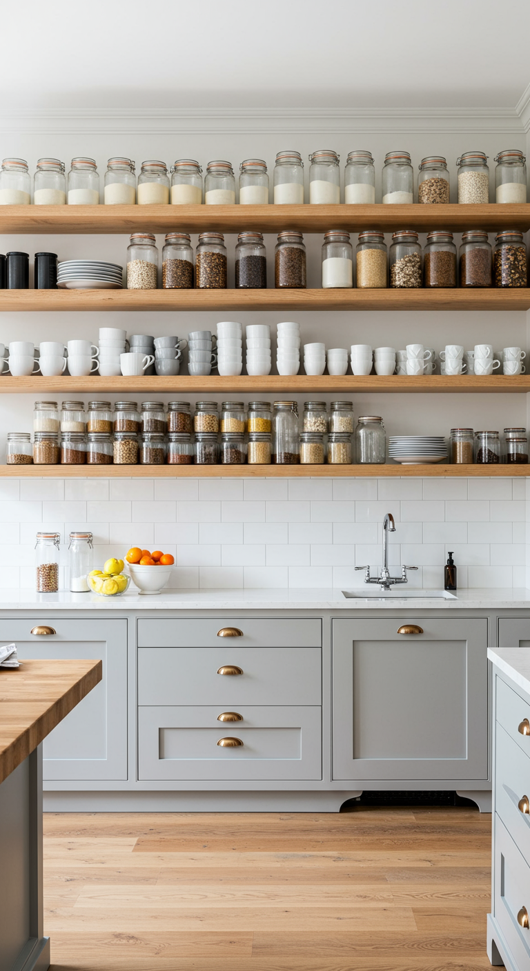 Grijze keuken met lange open houten planken vol met georganiseerde glazen voorraadpotten.