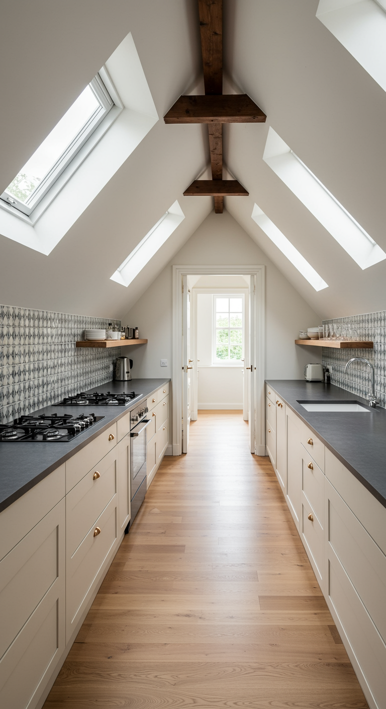 Smalle, symmetrische keuken met schuine daken aan beide zijden en zicht op raam.