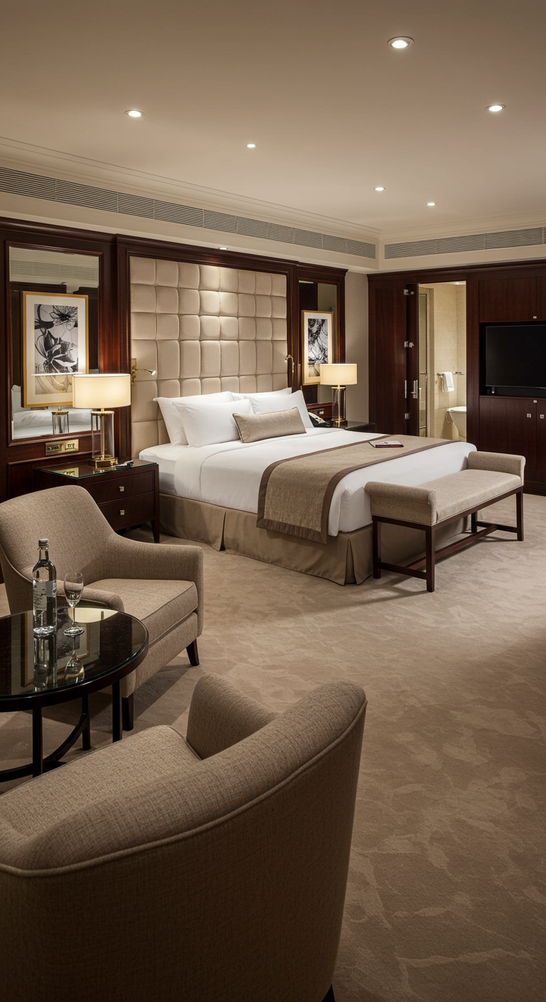Luxe hotelslaapkamer met groot hoofdbord, zachte verlichting en zithoek.