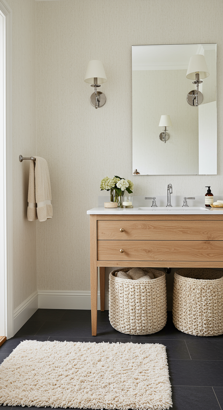 Lichte badkamer met houten meubel, geweven manden, zacht vloerkleed en getextureerd behang.