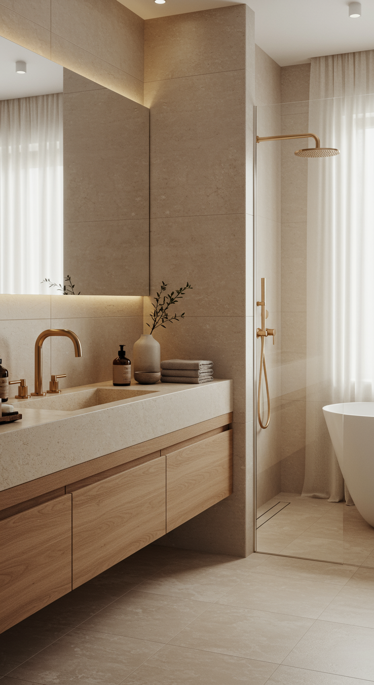 Goudkleurige wastafelkraan en doucheset in een beige badkamer met houten meubel.