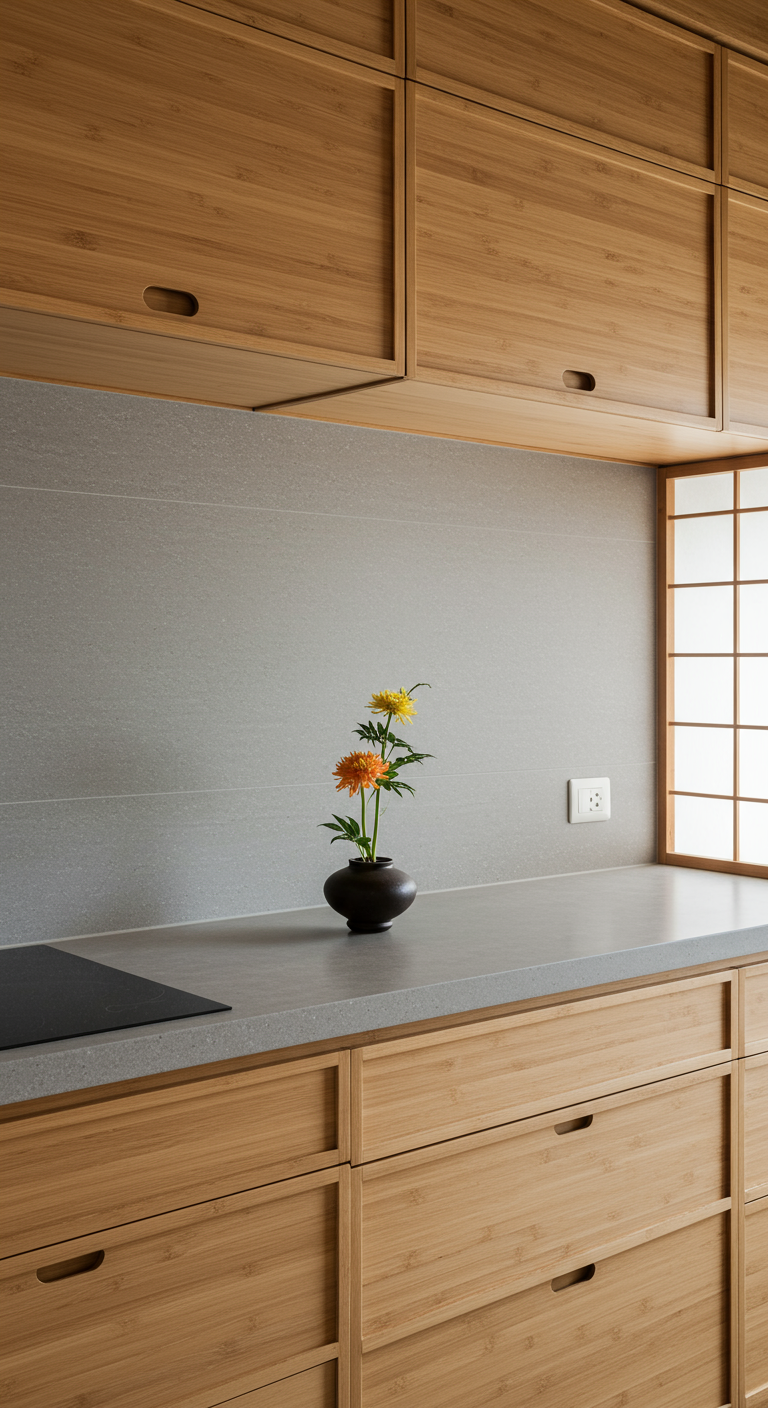 Japanse/Scandinavische keuken met bamboe kasten en een lichtgrijze, gladde achterwand.