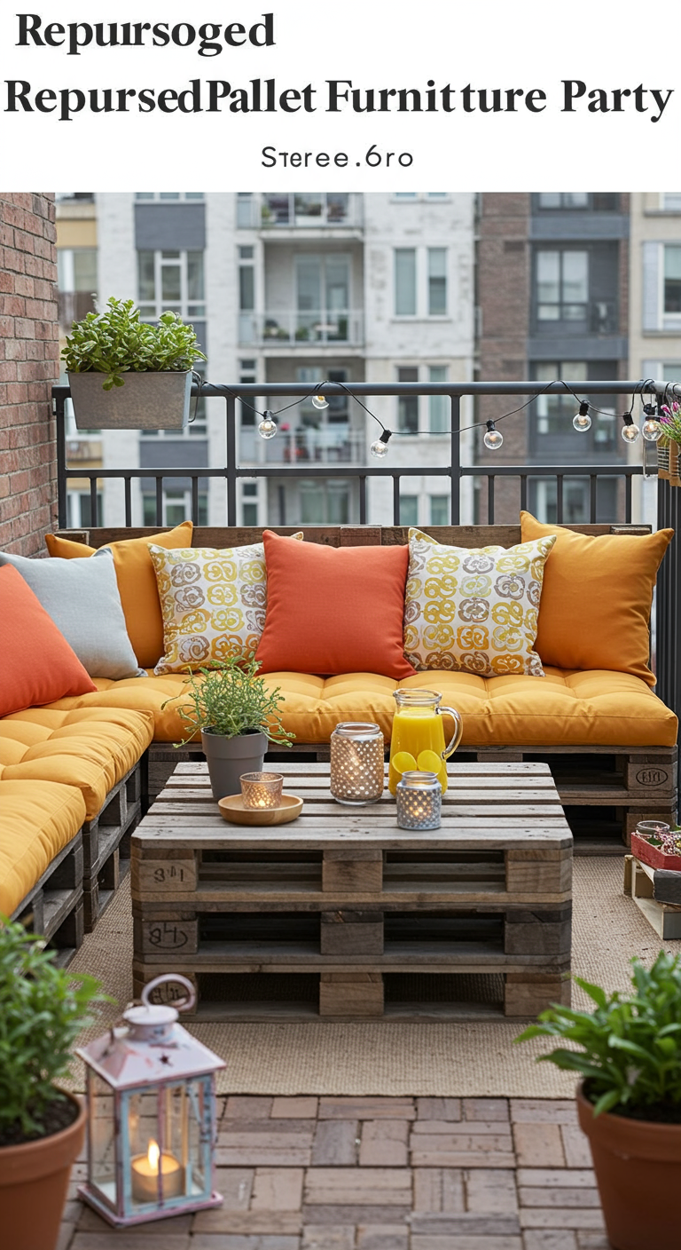 Knusse palletbank op balkon met feloranje kussens, planten en lantaarns.