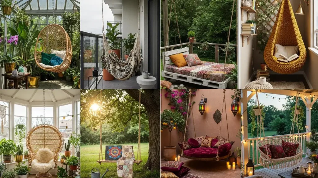 Collage van gezellige, bohemien-achtige schommelhoeken met hangstoelen, planten en unieke decoratie.