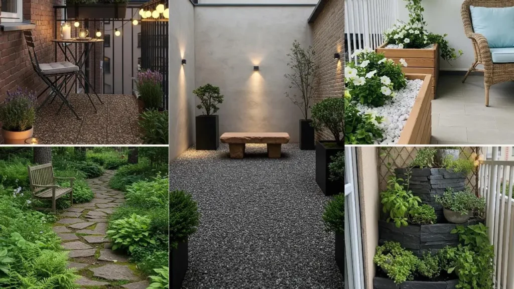 Rustgevende decoraties met natuursteen: tuinen, balkons en terrassen met stenen paden en beplanting.