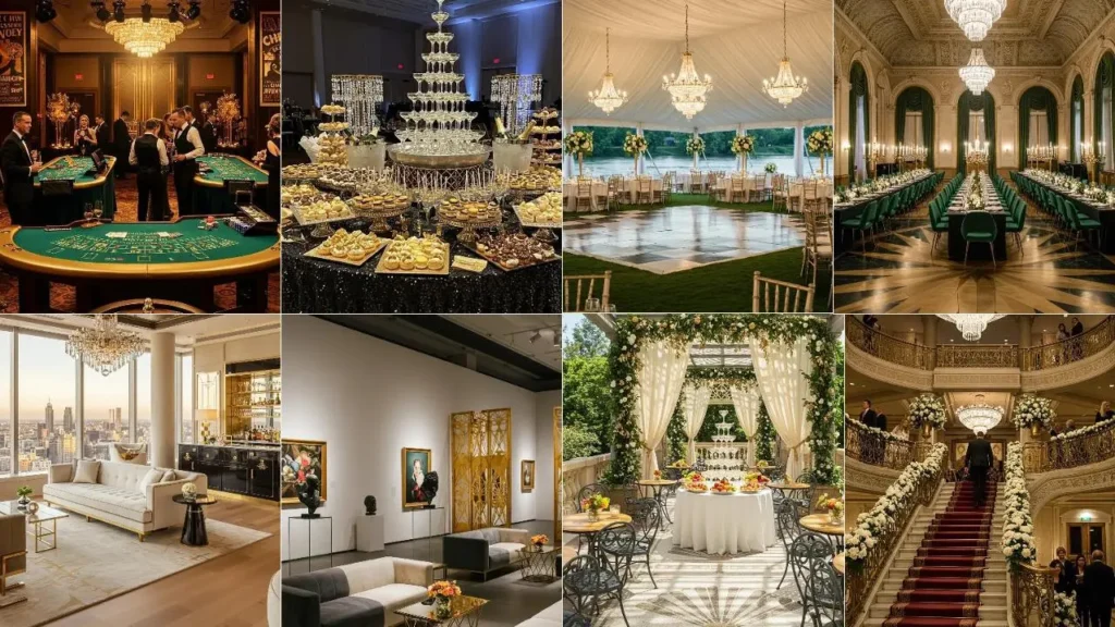 Een collage van luxueuze Art Deco feestlocaties, met gouden details en elegante settings voor een jubileumfeest.
