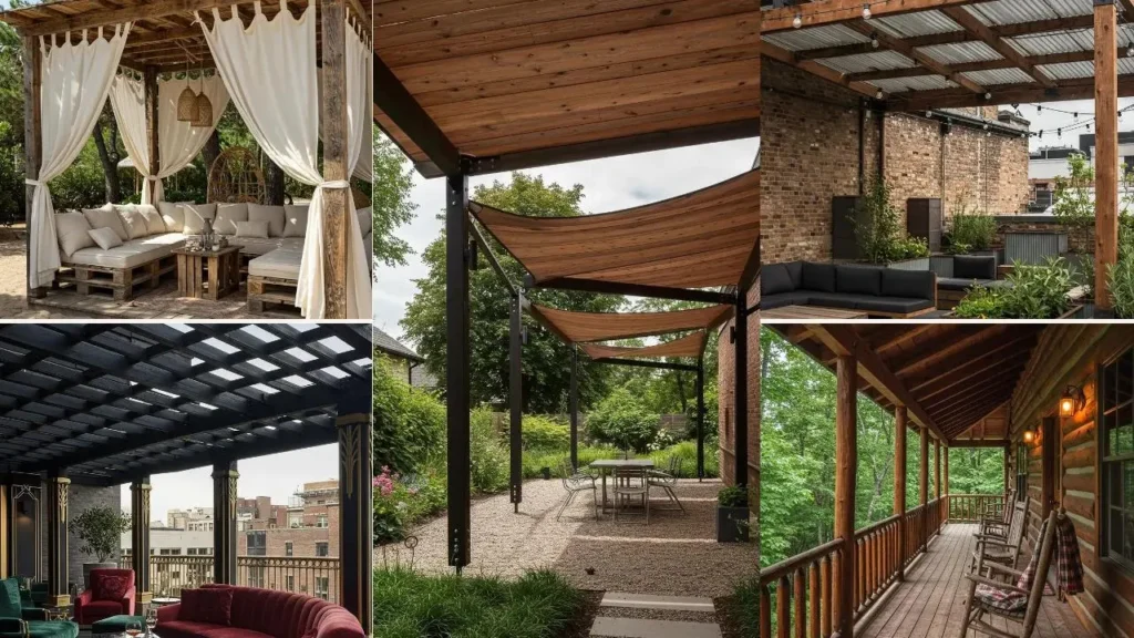 Collage van houten structuren die schaduw en stijl bieden, zoals pergola's en overdekte terrassen.