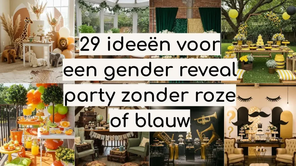 Collage van Gender Reveal Party decoraties zonder roze of blauw, in thema's zoals dieren, geel en zwart.