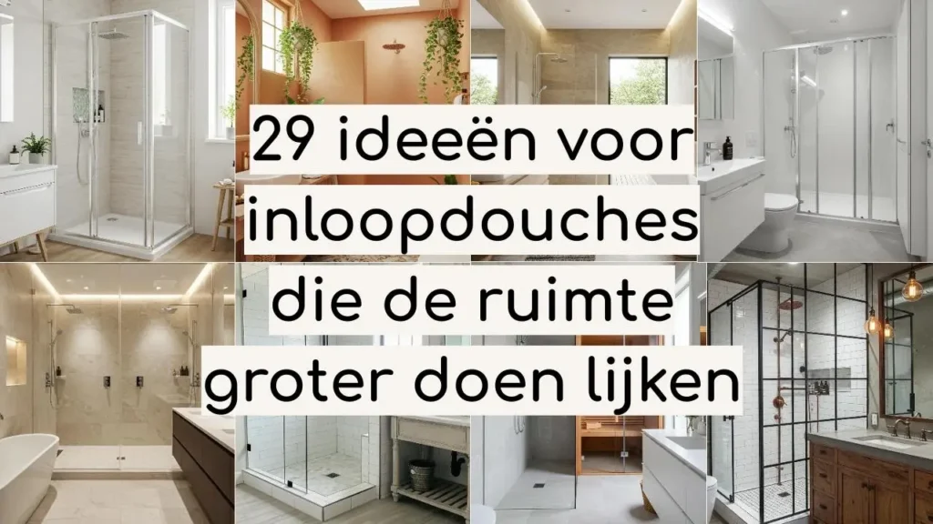 Collage van moderne inloopdouches, ideeën om de badkamer groter te laten lijken.