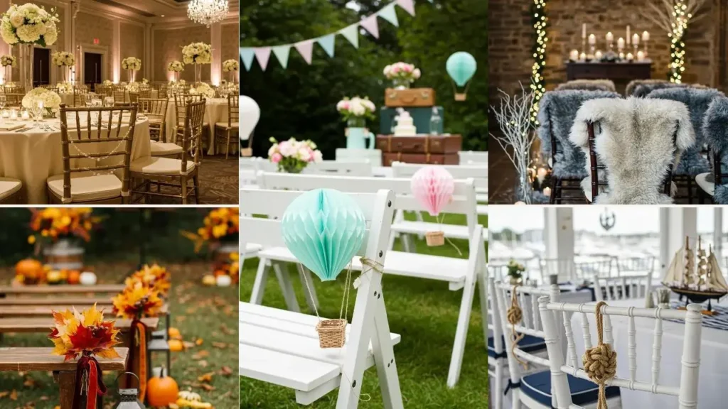 Sfeervolle stoeldecoratie ideeen: Bloemen, bladeren, ballonnen en vachten op stoelen voor een unieke ambiance.