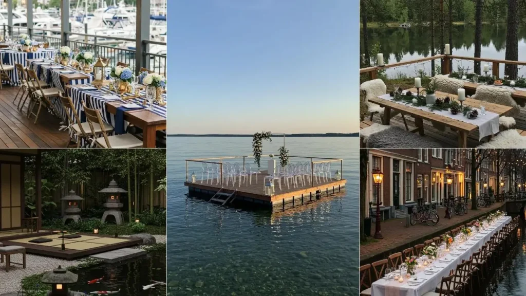 Inspiratie voor styling bruiloft aan het water: drijvend platform met ceremonie-opstelling.