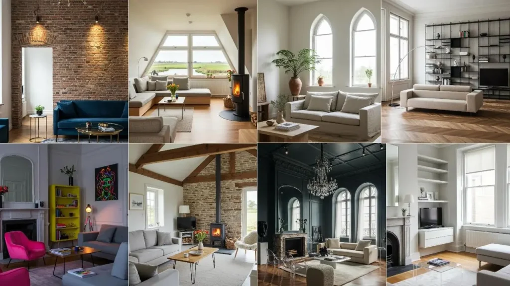 Collage van 8 interieurs: oude huizen, modern gestyled met behoud van charme. Zichtbaar zijn muren van baksteen, balken en klassieke details.