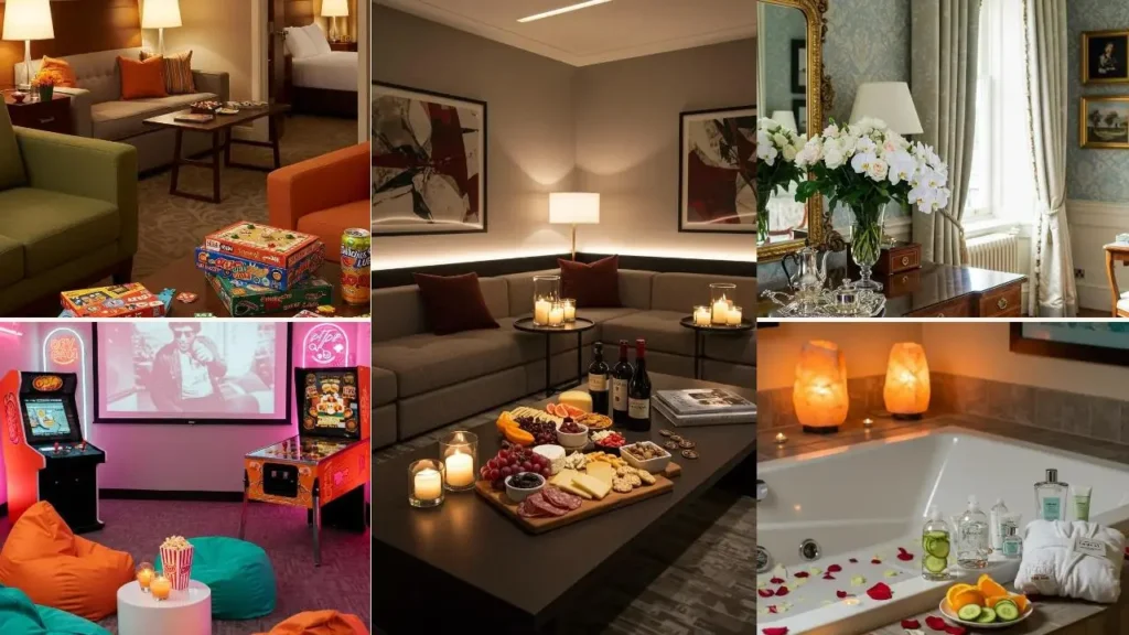 Hotelkamers gestyled voor 'first look' en afterparty: bad met rozenblaadjes, snacks, en spelletjes.