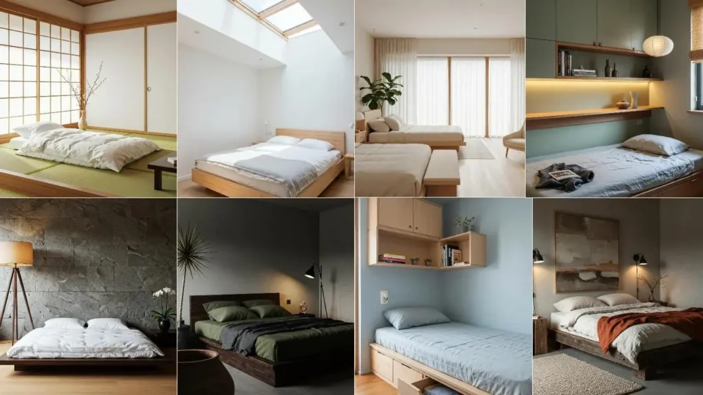 Diverse Japandi slaapkamers met lage bedden en rustgevende zen-details