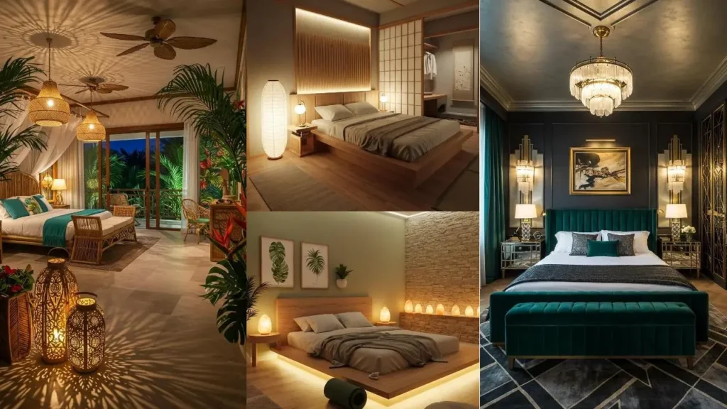Slaapkamers met sfeerverlichting die het verschil maken, inclusief hanglampen en nachtlampjes.