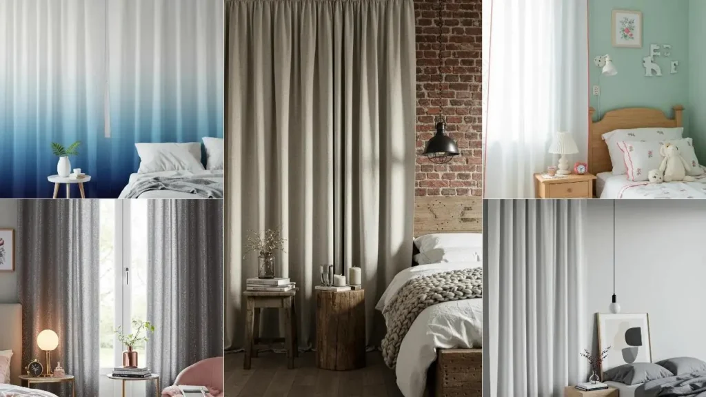Collectie slaapkamers met verschillende gordijnen, een decoratief element.
