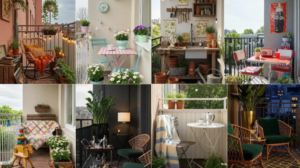 Een collage van inspirerende balkons met vintage vondsten en retro meubels, compleet met planten en zitplekken.